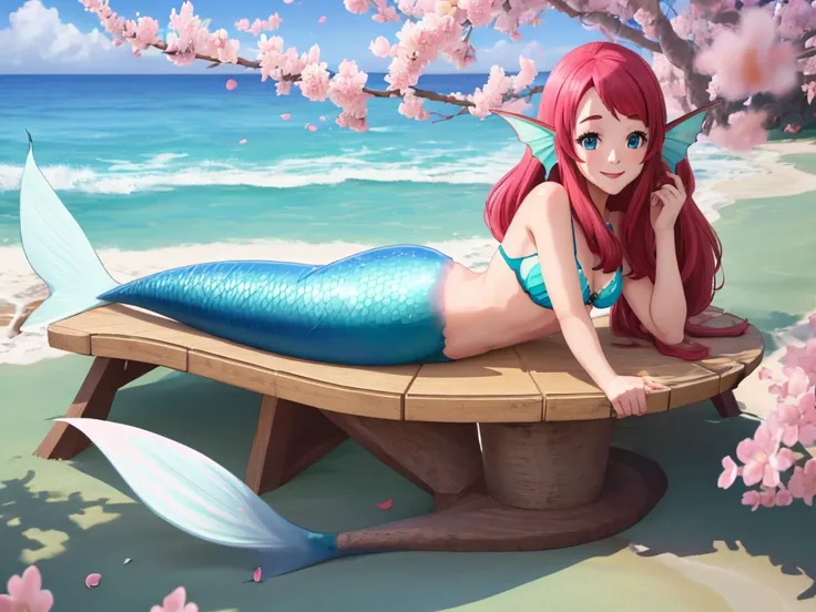 masterpiece, best quality:1.2), 1girl, smile, looking at viewer, blue eyes, sakura minamoto, ahoge, mermaid, blue mermaid tail, ...