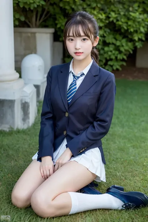 high detail、high quality、8K Photo、Japanese high school girls、In uniform、(Brown blazer、Blue checked pleated skirt、Navy blue knee socks、Brown Loafers、ponytail、Double eyelids、White panties)、Sitting on the grass