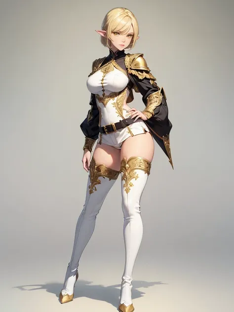 ((1girl, solo)), (full body:1.5), dark elf, dark-skinned female, (((pointy ears))), beautiful body, (perfect anatomy, perfect body, perfect hands, perfect legs), (five fingers:1.5), natural proportions, sexy body, large breasts, cowboy shot, hand on hip BR...