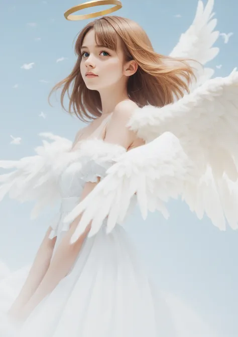 anime drawing of a young angel with a halo flying through the sky, haibane renmei, possibly an angel, an angel, young wan angel,...