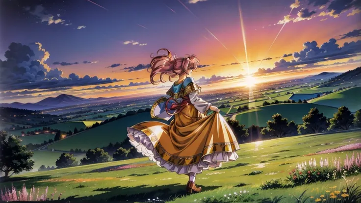 A 16:9 anime-style illustration depicting a female bard on her journey at sunset. The bard is dressed in flowing, colorful attire, with a musical instrument, such as a lute or harp, slung over her back. She is walking along a path through a vast grassland,...