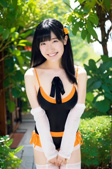 white tights、chest、black hair、1 girl、solo girl、thighs、hand on own chest、smile、orange swimsuit、garter belt,maeshima ami