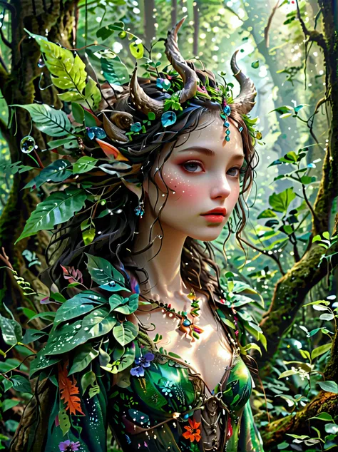 A fantastical creature with feminine qualities stands in a mystical forest. She has voluminous hair, captivating eyes, and adorned in vibrant clothing that complements her figure. Unique features such as scales, horns, or wings differentiate her from a typ...