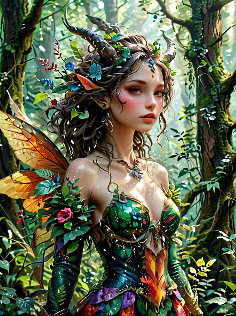 a fantastical creature with feminine qualities stands in a mystical forest. she has voluminous hair, captivating eyes, and adorn...