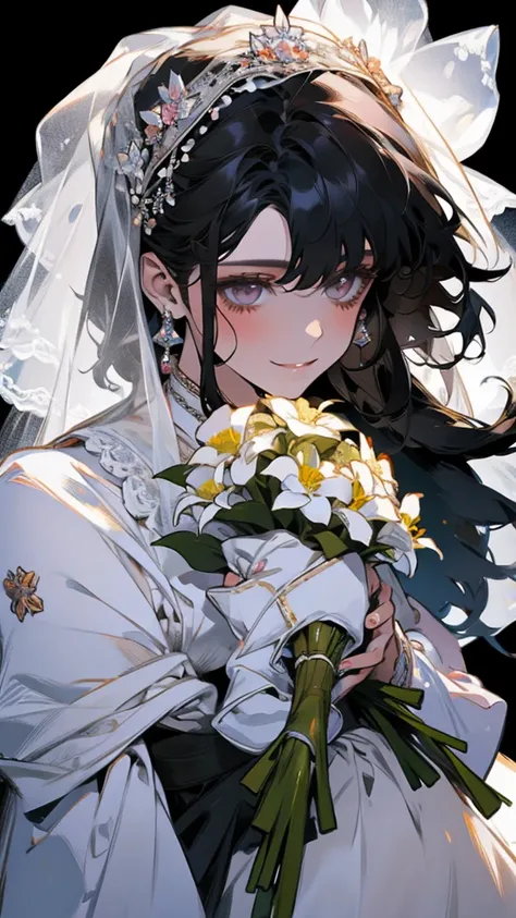 wedding，Bride in white wedding dress holding flowers，Smile，Perfect face，Black Hair，Perfect face，Full body portrait