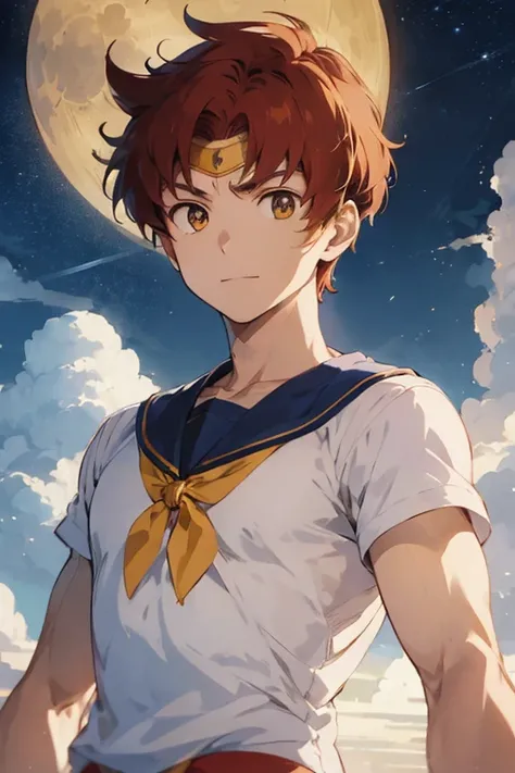 Male sailor moon with auburn hair and the famous yellow bright moon mark that sailor moon has on their forehead