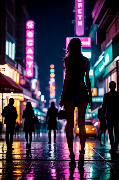 In the evening,lights on,street,traffic,crowd,long-haired girl walks alone,illustration,vivid colors,ultra-detailed,realistic,bokeh,cityscape,city lights,nightlife,neon lights,reflection in the puddles,wet asphalt,glowing shop windows,night market,bustling...