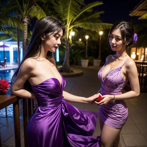 Wearing a purple dress、Woman enjoying vacation at a tropical resort at night。With a red rose in my hand。