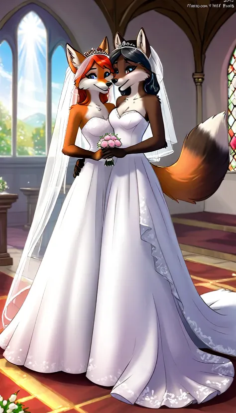 furry fox tails yiff bride  lesbian & lesbian women & women & wedding dress wedding dress   wedding dress  veil tiara chapel,