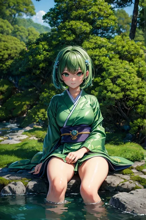 A Japanese girl sitting on green rock surface putting her legs in water and surrounded with full of green trees, camera view from far, detailed girl, detailed face, detailed dress, detailed water, detailed trees, detailed rock, best quality, highly detaile...