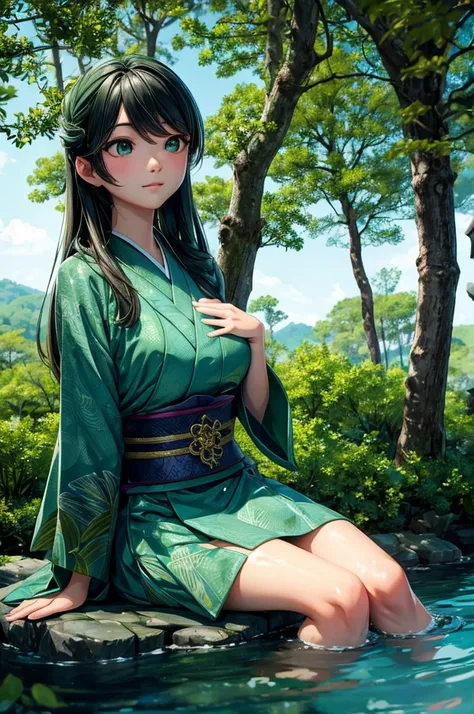 A Japanese girl sitting on green rock surface putting her legs in water and surrounded with full of green trees, camera view from far, detailed girl, detailed face, detailed dress, detailed water, detailed trees, detailed rock, best quality, highly detaile...