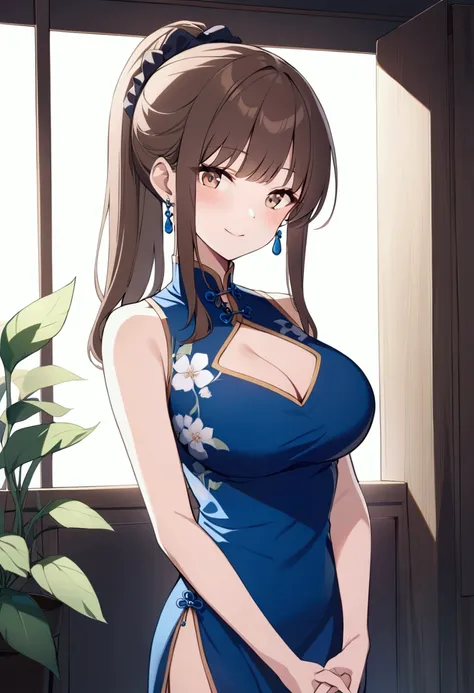 slender, mature female,breasts, 1girl, rating:safe, earrings, dress, smile, cleavage, brown_eyes, jewelry, brown_hair, chinese_clothes, china_dress, large_breasts,  looking_at_viewer, bare_shoulders, own_hands_together, cleavage_cutout, plant, hair_ornamen...