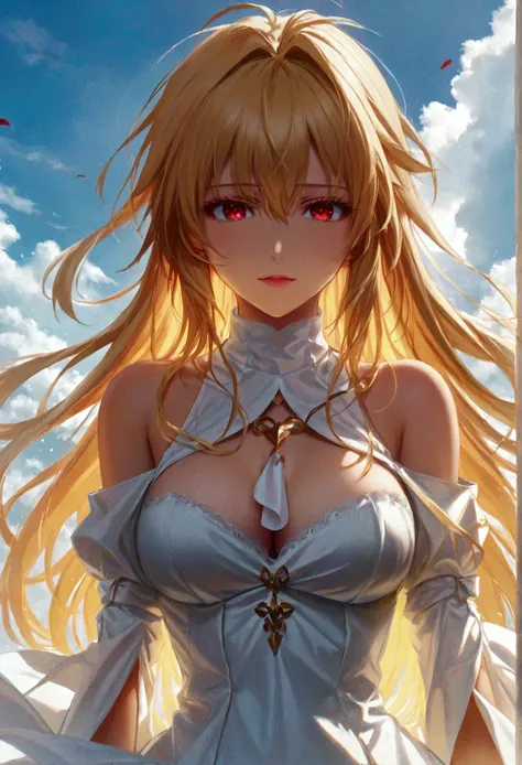 an anime style illustration of a woman with flowing blonde hair in a white dress, arcueid brunestud, 1girl, breasts, red eyes, long hair, solo, blonde hair, bare shoulders, cleavage, gloves, dress, bangs, detached collar, detached sleeves, large breasts, l...