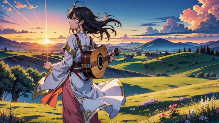 A 16:9 anime-style illustration depicting a female bard on her journey at sunset. The bard is dressed in flowing, colorful attire, with a musical instrument, such as a lute or harp, slung over her back. She is walking along a path through a vast grassland,...