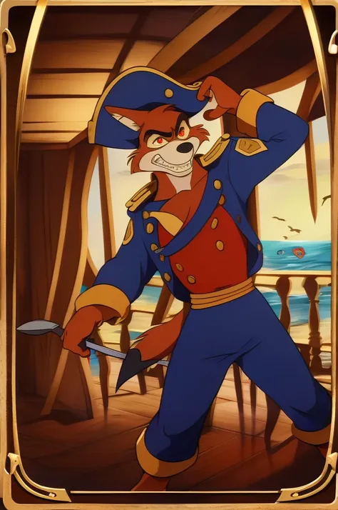 (((image designed as poker card))) ((Jack of Spades)) - (((Don Karnage))): Barefoot furry character, furry male, plantigrade, Card Elements: The (((spade symbol))) is prominently displayed, with Don Karnage wielding a cutlass. The border of card is adorned...