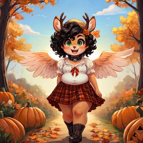 Cute, deer boy, small deer antlers, innocent, chubby, fat, big thighs, androgynous, femboy, short curly hair, black hair, fawn spots, freakles, ((cute)), smiling, wearing cottage core outfit, pastel color scheme, young, cartoony, adorable, deer tail, moss ...