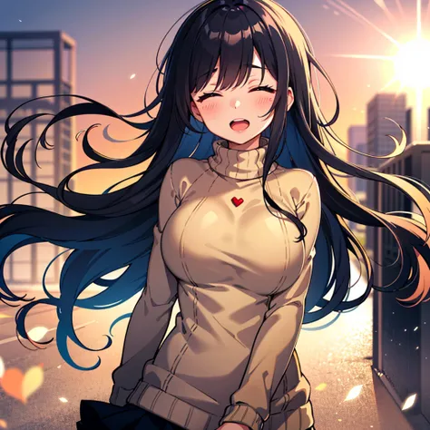 high school girl, Wear a cozy sweater, Upper Body, (LOL:1.1), (Open your mouth:1.1), (Eyes Wide Open:1.2), Sun glare, Bokeh, Depth of written boundary, Blurred Background, Particles of light, Strong winds, (Heart Particles:1.1), Big Breasts