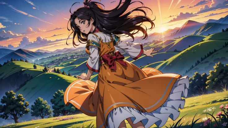 A 16:9 anime-style illustration depicting a female bard on her journey at sunset. The bard is dressed in flowing, colorful attire, with a musical instrument, such as a lute or harp, slung over her back. She is walking along a path through a vast grassland,...