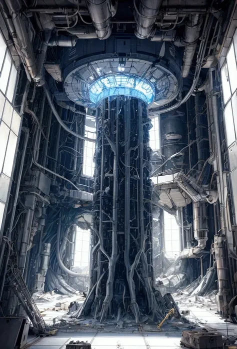 An alien spacecraft crashed，The interior of the spacecraft is a dome space，About 5 stories high，Like a sky，Due to the fall, some parts were broken and sparks appeared.，There are a lot of grid-shaped spaces on the wall，The grid is filled with crystals of di...