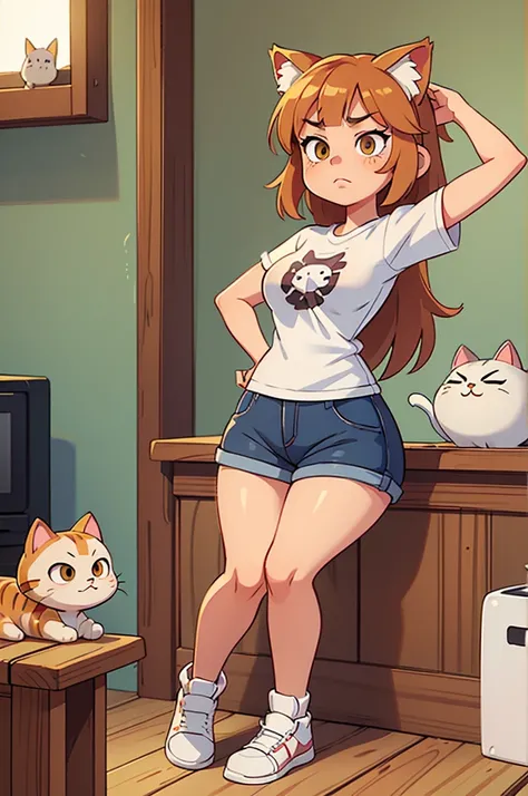 1 female, small teen cat girl, realistic lips oversized white t-shirt going all the way to the thighs, arms crossed propping up breast, hourglass figure, white eyes, flowy hair, wite hair, annoyed, cat ears, in a cabin, best quality