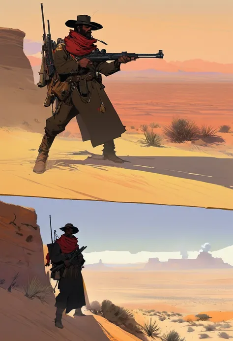 score_9, score_8_up, score_7_up, score_6_up, score_5_up, score_4_up, 1man, Western, gunslinger, Desert, red sun, scorching sun, arid, silhouette, black clothes, Horizon, far away, Eyes shining, old sniper rifle, carabina, Year 1600 AC, Wild West