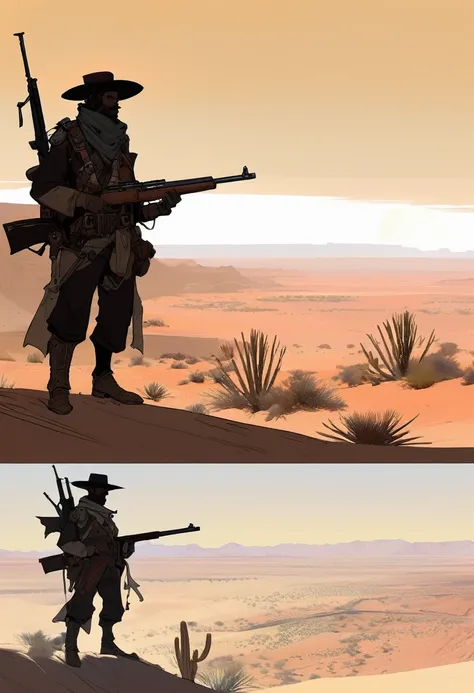 score_9, score_8_up, score_7_up, score_6_up, score_5_up, score_4_up, 1man, Western, gunslinger, Desert, red sun, scorching sun, arid, silhouette, black clothes, Horizon, far away, Eyes shining, old sniper rifle, carabina, Year 1600 AC, Wild West