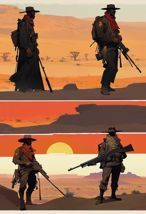 score_9, score_8_up, score_7_up, score_6_up, score_5_up, score_4_up, 1man, Western, gunslinger, Desert, red sun, scorching sun, arid, silhouette, black clothes, Horizon, far away, Eyes shining, old sniper rifle, carabina, Year 1600 AC, Wild West