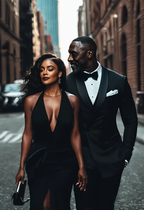 a woman in a black suit and a man in a black tuxedo, alena aenami and idris elba, an elegant couple, beautiful city alone black ...