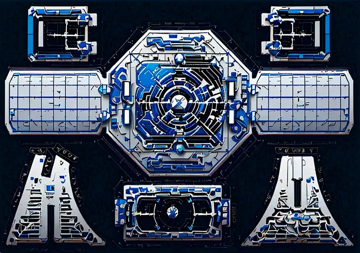 highly detailed panel cuts, highly detailed panel cuts,plan of a small space station with computers, parts and components, simpl...