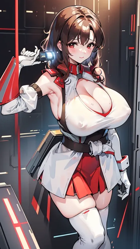 18 year old girl，baby face，Short brown hair，curls，Zhangzui smile，Huge breasts，Cleavage，Transparent red sleeveless top，Leave space in the middle to reveal Cleavage，Soaked all over，blush，Red eyes，female spy，red miniskirt，White gloves，White hand sleeves，White...