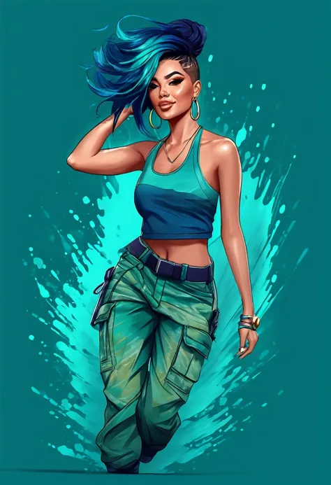 Samdoesarts style award-winning half-length portrait of a beautiful woman wearing a crop top and cargo pants with a teal navy blue ombre hairstyle with her head moving and hair flying, paint splash, splash, outrun, vaporizer, flat shaded illustration, digi...