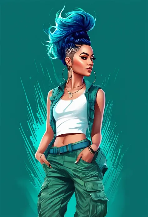 Samdoesarts style award-winning half-length portrait of a beautiful woman wearing a crop top and cargo pants with a teal navy blue ombre hairstyle with her head moving and hair flying, paint splash, splash, outrun, vaporizer, flat shaded illustration, digi...