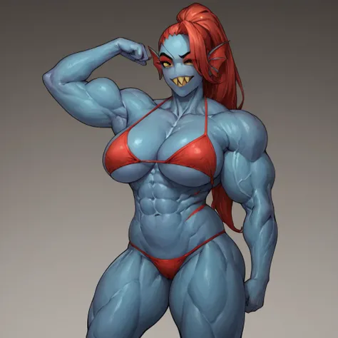 score_9, score_8_up, score_7_up, score_6_up, score_5_up, score_4_up, source_anime, 1girl, undyne (undertale), smiling, looking at viewer, portrait, red Bikini, huge overfilled breast_implant, huge keep_inflating_Extrem_like a blimp, filling her up more plu...