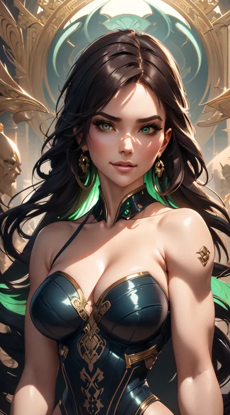 mdjrny-v4 style portrait of a female leprechaun, voluptuous, gorgeous detailed face, mischievous smirk, ample hips, insanely detailed accentuated big booty, mature, great aesthetics, perfect anatomy, well proportioned body, intricate, elegant, highly detai...