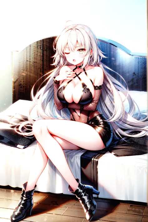 1girl,masterclass,best quality, illustration, solo, JRA, CollabDressing, ;o, one eyes closed,on bed,blush,breasts,full_body,sitting, crossed legs, direct lighting to face