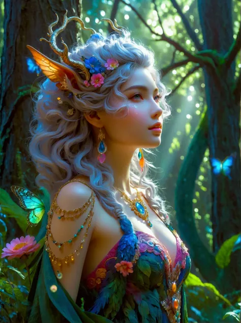 A fantastical creature with feminine qualities stands in a mystical forest. She has voluminous hair, captivating eyes, and adorned in vibrant clothing that complements her figure. Unique features such as scales, horns, or wings differentiate her from a typ...