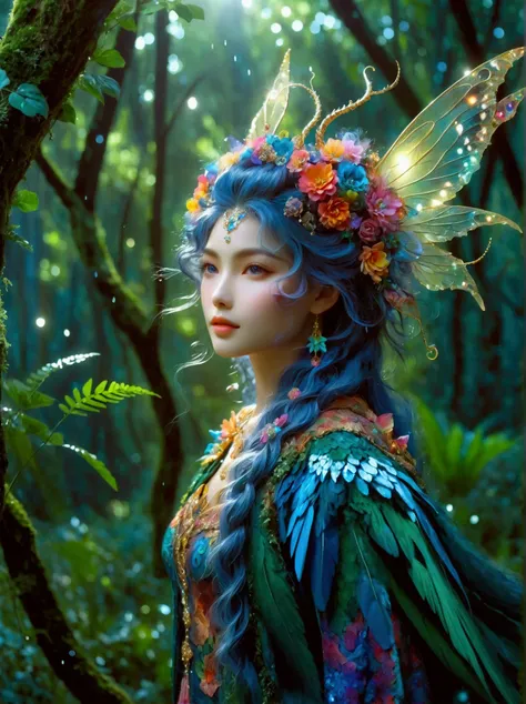 a fantastical creature with feminine qualities stands in a mystical forest. she has voluminous hair, captivating eyes, and adorn...