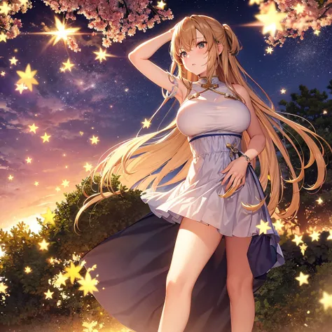 asuna,STAR, crown half up hairstyle,, large breasts, dusk, dusk sky, sunset,Free Pose。Low - Angle、Looking up