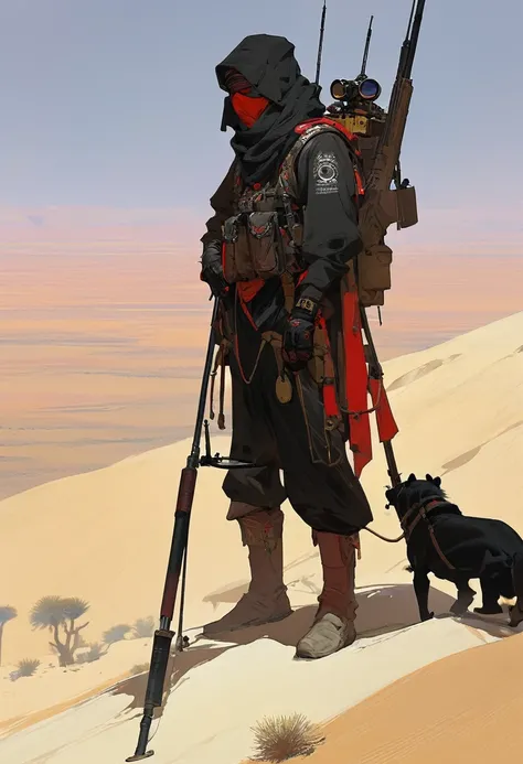 score_9, score_8_up, score_7_up, score_6_up, score_5_up, score_4_up, 1man, Western, Desert, red sun, scorching sun, arid, black clothes, Horizon, far away, Eyes shining, old sniper carabina, Year 1600 AC, Wild West