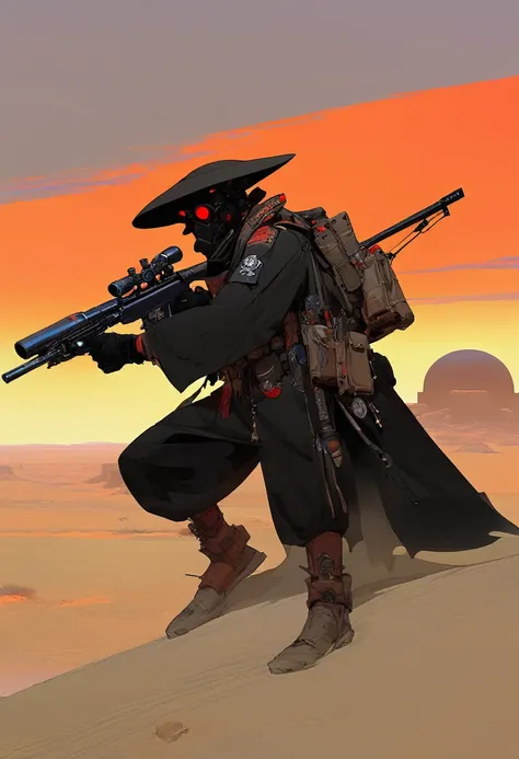 score_9, score_8_up, score_7_up, score_6_up, score_5_up, score_4_up, 1man, Western, Desert, red sun, scorching sun, arid, black clothes, Horizon, far away, Eyes shining, old sniper carabina, Year 1600 AC, Wild West