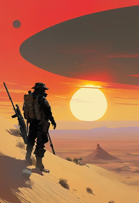 score_9, score_8_up, score_7_up, score_6_up, score_5_up, score_4_up, 1man, Western, Desert, red sun, scorching sun, arid, black clothes, Horizon, far away, Eyes shining, old sniper carabina, Year 1600 AC, Wild West