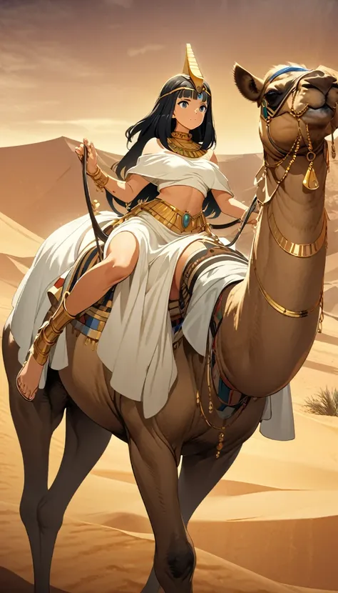 Desert Princess，Riding a camel，Egyptian style，style，Gold Jewelry，High Saturation，CG Art， Makoto Shinkai&#39;s photo, pure, Concept Art, Lofi Art style，新海诚动画艺术style, Lofi Art, Beautiful anime scene, Anime Landscape, Detailed scenery, 新海诚的style, 新海诚的style, E...