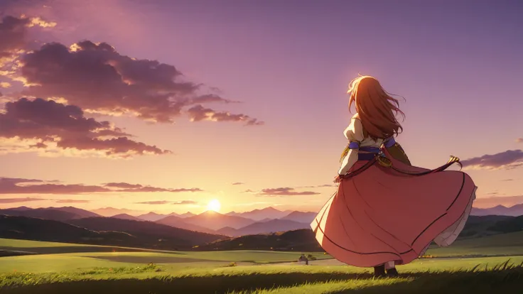 A 16:9 anime-style illustration depicting a female bard on her journey at sunset. The bard is dressed in flowing, colorful attire, with a musical instrument, such as a lute or harp, slung over her back. She is walking along a path through a vast grassland,...