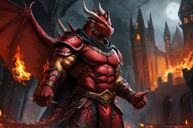 large attractive muscular male anthro dark red dragon Massive, extremely muscular, big scaled male pectorals, looks protective and possessive, seductive, sexy, wearing spiky armor, large muscles, yellow dragon eyes, dragon wings, red horns pointing backwar...