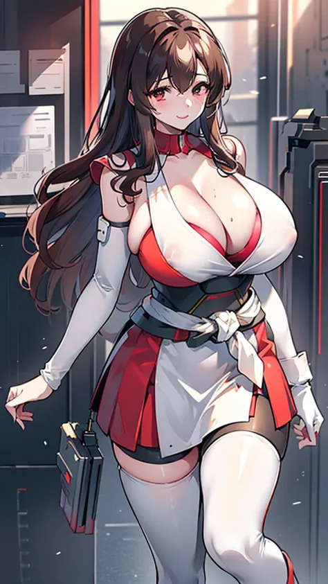 18 year old girl，baby face，brown hair，curls，Zhangzui smile，Huge breasts，Cleavage，Transparent red sleeveless top，Leave space in the middle to reveal Cleavage，Soaked all over，blush，Red eyes，female spy，red miniskirt，White gloves，White hand sleeves，White boots...