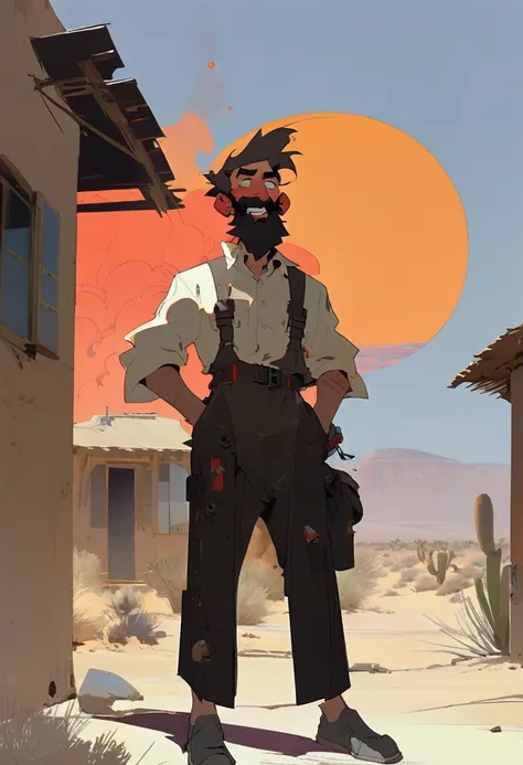 score_9, score_8_up, score_7_up, score_6_up, score_5_up, score_4_up, 2man, Western, Desert, red sun, scorching sun, arid, Horizon, far away, black wavy Messy hair, burnt hair, Leather apron, White button-down shirt, black pants patched, Failed beard, young...