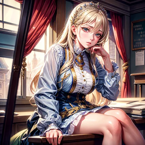 a beautiful young girl Alisa Mikhailovna Kujou, sitting in her classroom, detailed face, beautiful eyes, long eyelashes, beautiful lips, elegant , detailed background, high school classroom, realistic, photorealistic, 8k, masterpiece, intricate details, vi...