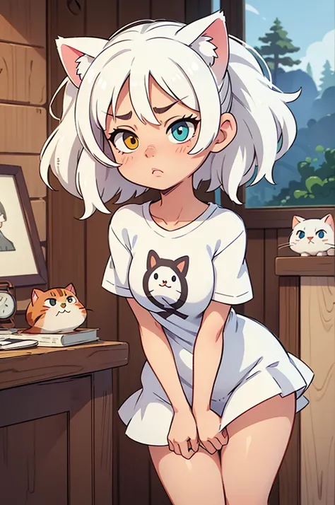 1 female, small teen cat girl, puffy cheeks, realistic lips oversized white t-shirt going all the way to the thighs, arms crossed propping up breast, hourglass figure, heterochromia eyes, cat pupils, flowy hair, white hair, annoyed, cat ears, in a cabin, b...