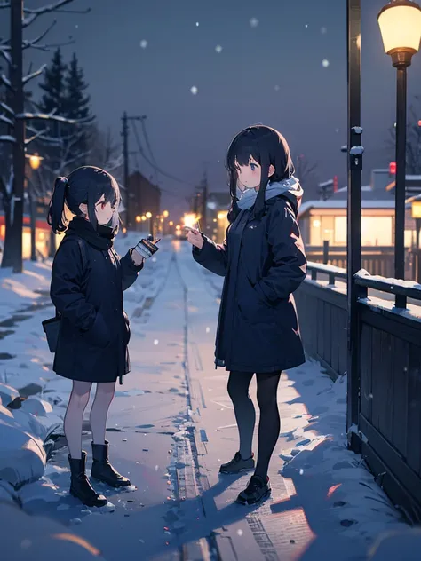 white, snow, background blur, 2girls, 白いコート,