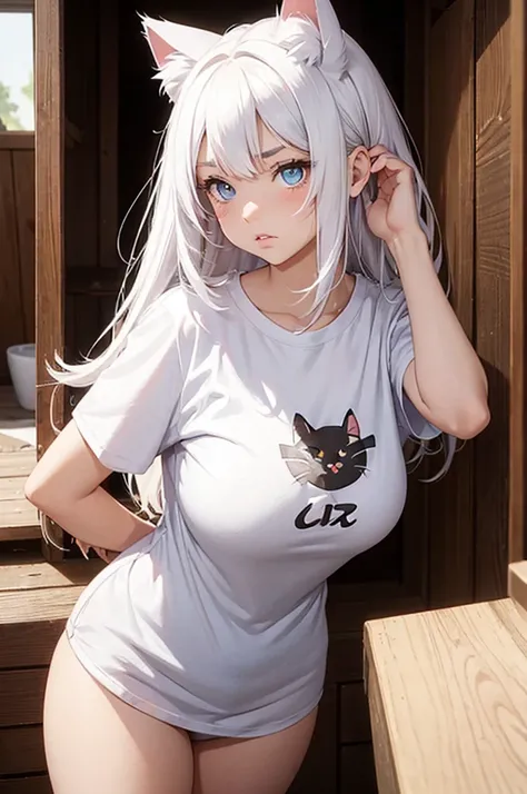 1 female, small teen cat girl, puffy cheeks, realistic lips oversized white t-shirt going all the way to the thighs, arms crossed propping up breast, hourglass figure, heterochromia eyes, cat pupils, flowy hair, white hair, annoyed, cat ears, in a cabin, b...